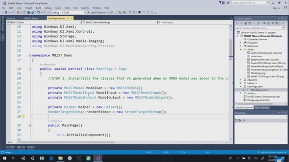 Visual Studioで手書き文字認識（数字）を行うアプリのコードを編集しているところ