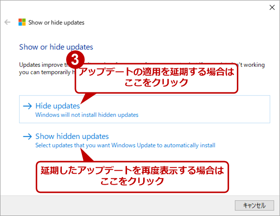 「Show or hide updates」ツールでアップデートを延期する（2）