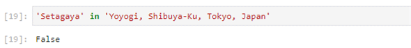 文字列'Yoyogi，Shibuya-Ku，Tokyo，Japan'に文字列'Setagaya'は含まれていないので、結果はFalse