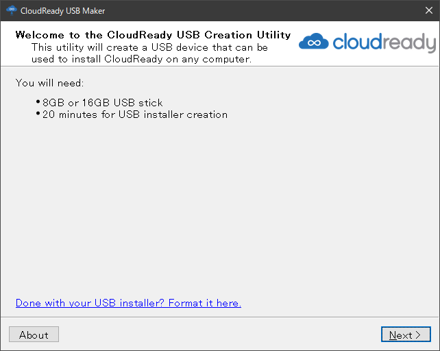 CloudReady USB MakerŃCXg[USB쐬i1j_E[hcloudready-usb-maker.exesƁACloudReady USB MakerNB