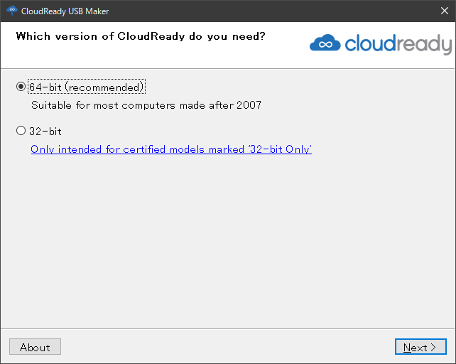 CloudReady USB MakerŃCXg[USB쐬i2j64bitŁ^32bitł̑IsB64bitłĂB