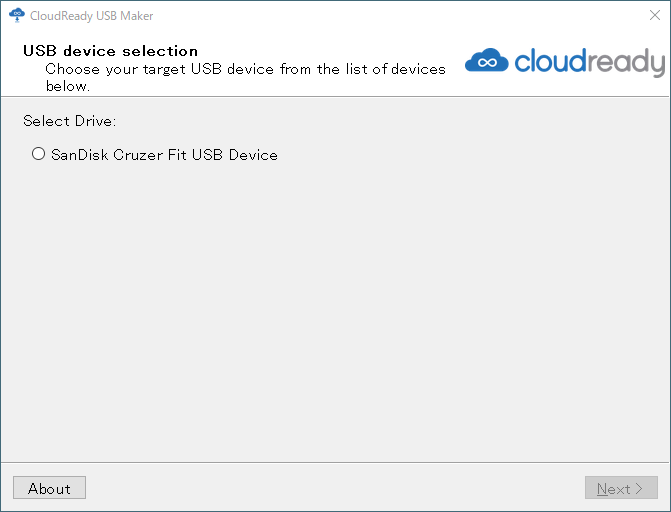 CloudReady USB MakerŃCXg[USB쐬i3jCXg[ƂȂUSBIBUSBĂꍇ́AɕUSBԂ̂ŃCXg[ԈႦȂ悤ɑI邱ƁB