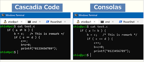 Cascadia CodeConsolas̕\̈Ⴂ