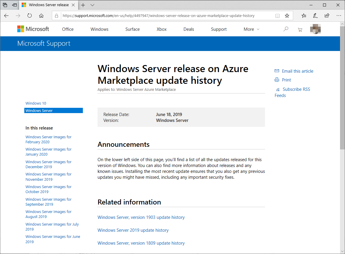 1@Azure Marketplaceŗp\Windows ServerWindows 102019N6ȍ~̃C[W̍XV