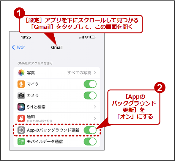 iPhoneでGmailの［バックグラウンド更新］がオンになっているか確認する