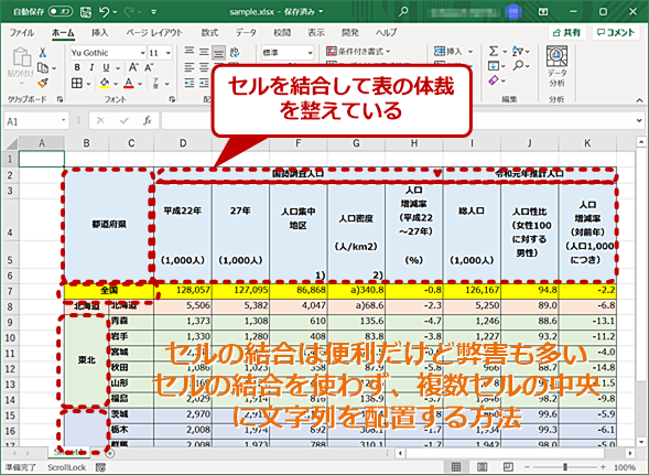 構造化excelテク セルの結合を使わずに複数セルの中央に文字列を表示する Tech Tips It