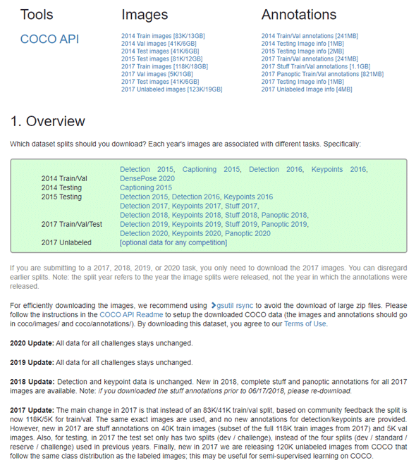 図2　COCOデータセットのダウンロードページ