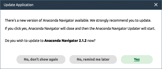 Anaconda Navigatorのアップデートを促すダイアログ