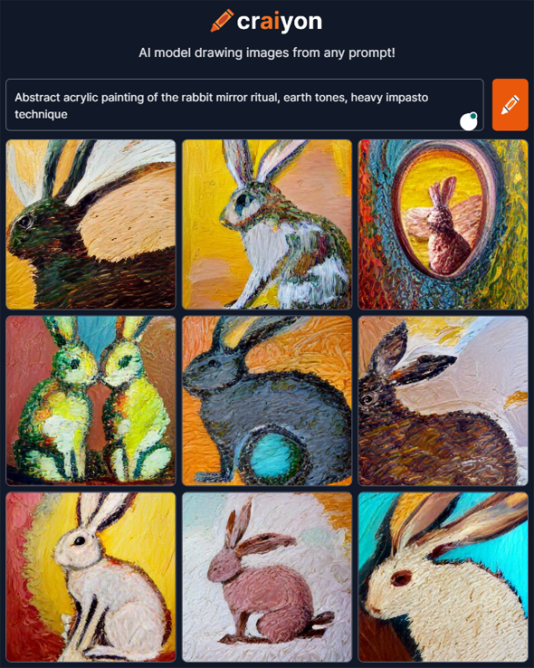 図4　文章「ウサギの鏡の儀式の抽象アクリル画、アーストーン、重厚なインパスト技法」で生成された画像（craiyon.comから引用）