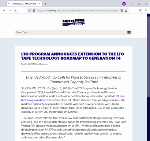 テープの記憶容量が1ペタバイトを超える、第14世代LTOテープの将来計画