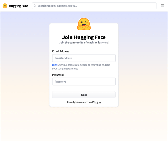 Hugging Faceへのサインアップ画面