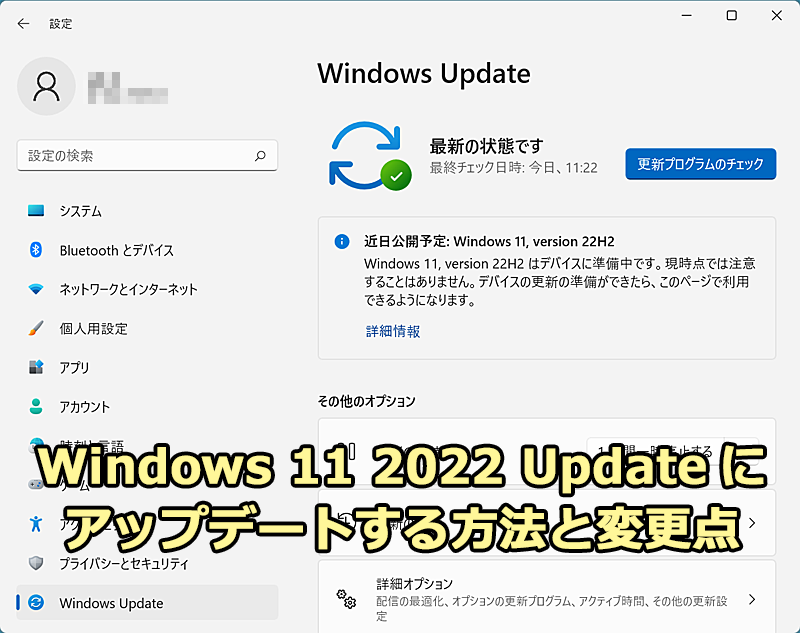 Windows 11 2022 UpdateɃAbvf[gɂ͑^Abvf[guWindows 11 2022 Updatev́AWindows UpdateŔzMsBłPCzM邽߁A@ɂĂ͉ʂ̂悤ȃbZ[W\ꍇBłƁAɁuWindows 11 2022,o[W22H2vƕ\AAbvf[g\ɂȂB܂ő҂ĂȂꍇɃAbvf[g@AWindows 11 2022 Updateł̎ȕύX_ȂǂɂĂ܂Ƃ߂B
