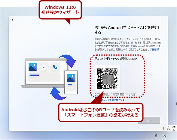 Windows 11の初期設定ウィザードの「スマートフォン連携」設定画面