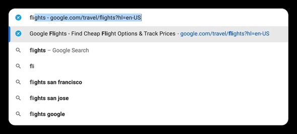 ChromẽAhXo[ɁuFlightsvƓ͂ƁAGoogle FlightsURLIɕ\B