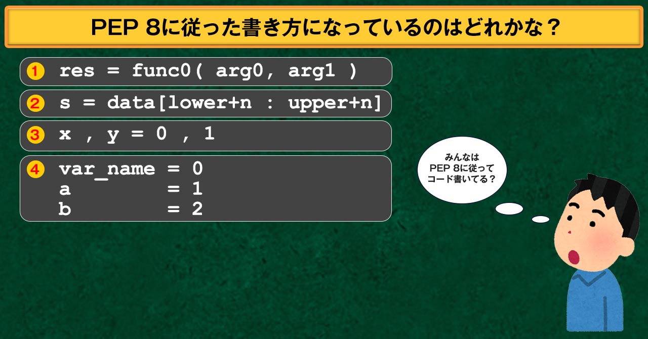 [Pythonクイズ]PEP 8準拠の書き方がどれか分かる？ 全部分かればLLM超えかも：Pythonステップアップクイズ - ＠IT