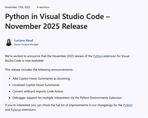 Python in Visual Studio Code 2025N11ł̎vȍXVeiTCg̔\pj