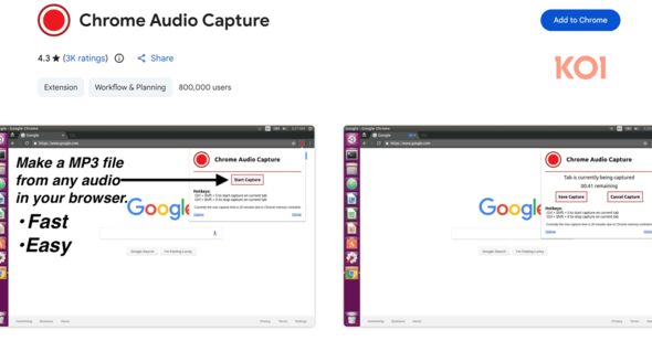 Chrome Web Store�Ō��J����Ă���Chrome Audio Capture�̉�ʁi�񋟁FKoi Security�j