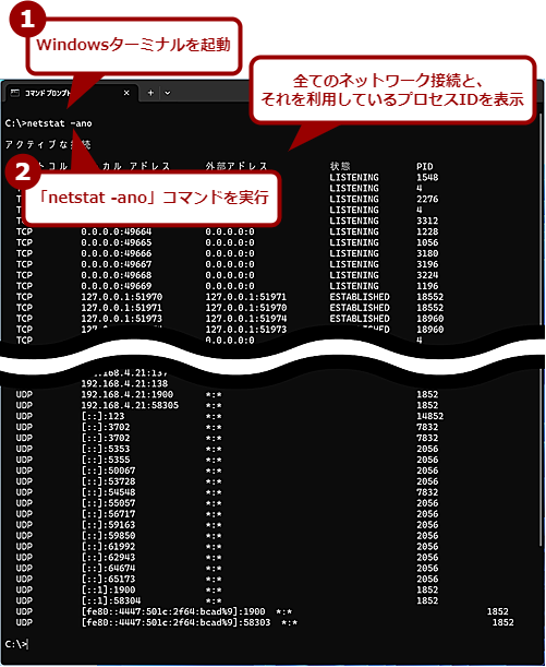 �unetstat�v�R�}���h��TCP�ڑ��̏󋵂�c������