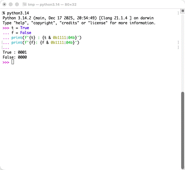 True�̃r�b�g�p�^�[���́u0001�v�ŁAFalse�̃r�b�g�p�^�[���́u0000�v