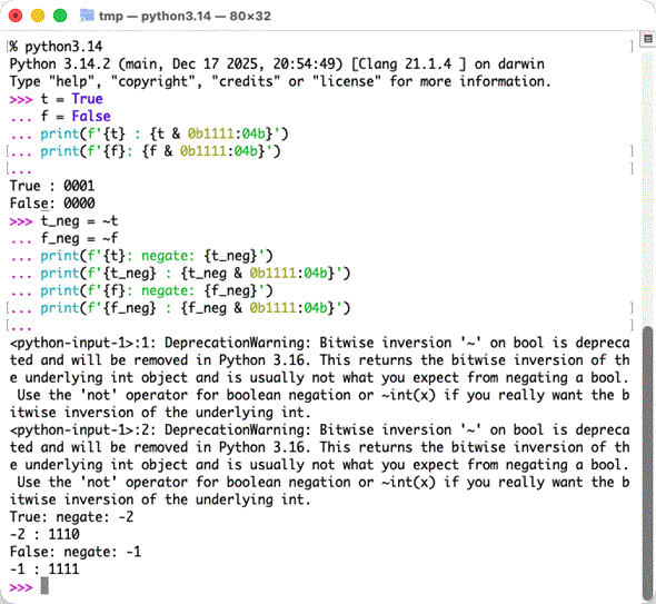 True���r�b�g���]���������ʂ́u-2�v�ŁAFalse���r�b�g���]���������ʂ́u-1�v