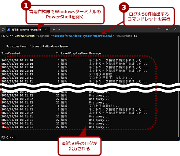 PowerShell�̃R�}���h���b�g�Œ���50���̃��O���o�͂���