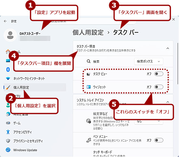 �^�X�N�o�[���ڂ𐮗�����