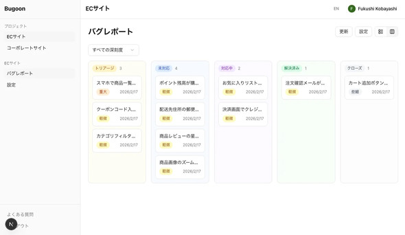 Bugoon�̃o�O���|�[�g�_�b�V���{�[�h�@�u�g���A�[�W�v����u�N���[�Y�v�܂�5�i�K�̃X�e�[�^�X���J���o���`���ňꌳ�Ǘ��ł���i�񋟁F���r�[�W���u�X�j