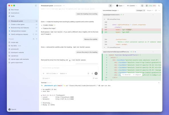 Codex �A�v���̉�ʁi�񋟁FOpenAI�j