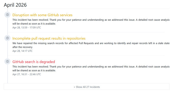 GitHub�̃X�e�[�^�X�y�[�W�̃X�N���[���V���b�g�@2026�N4���ɂ�27���̃C���V�f���g����������