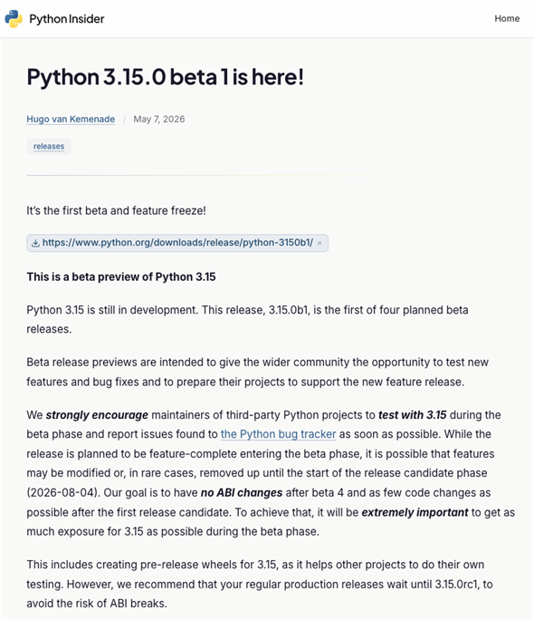 Python 3.15��1�̃����[�X��������Python Insider�̃u���O�L��
