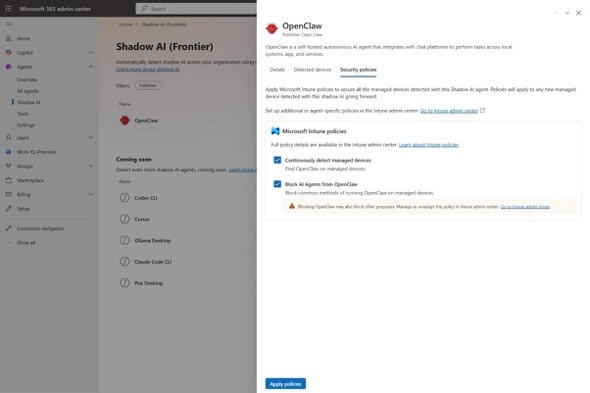 Microsoft 365�Ǘ��Z���^�[��Shadow AI�y�[�W�@OpenClaw�̌��o��Intune�|���V�[�ł̃u���b�N���\�i�񋟁FMicrosoft�j