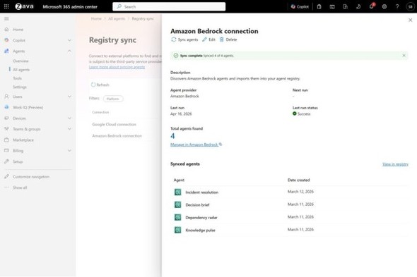 Agent 365���W�X�g����Registry sync��ʁ@Amazon Bedrock�Ɠ�����4�̃G�[�W�F���g����荞�񂾗l�q�i�񋟁FMicrosoft�j