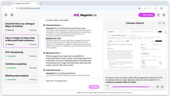 ���V���ꂽMagenticLite�̃C���^�t�F�[�X�B�Z�b�V���������A�G�[�W�F���g�̍s�����O�A�u���E�U�r���[�𓝍��\���i�񋟁FMicrosoft�j