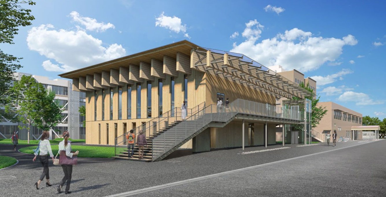 CLTパネル工法で国内最大級のスパン18mの無柱大空間を岡山県の大学で構築、清水建設:プロジェクト - BUILT