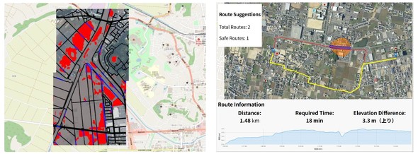 ���F�Z���󋵂𔽉f�����q��摜�ƒn�}�`��i�ԐF�̗̈�F�Z���̈�A�F�̗̈�F�Z�����H�j�A�E�F�o�H�T�����ʁiA�F�o���_�AB�F�����_�A�Ԑ��F�ŒZ�ł��邪�Z�����H��ʉ߂���o�H�A�����F���S�Ȕ��o�H