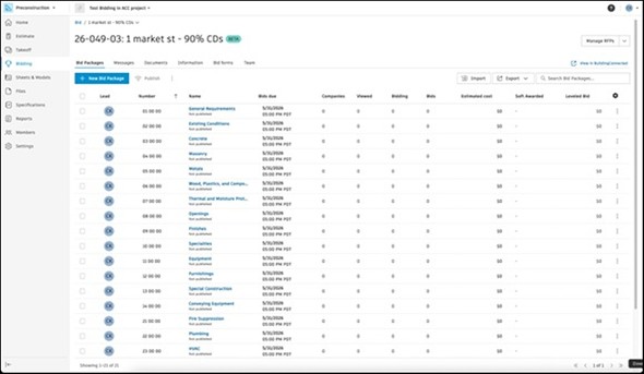 Bidding�i�����ρj �c�[���̐V�����x�[�^�ł́ABuildingConnected �Ŏ��т̂�����D�Ǘ����[�N�t���[��Forma��Preconstruction�@�\�ɒ��ړ������Ă���