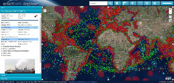 exactEarthの「ShipView」というサービスでは、全世界の船舶情報が一覧できるなど機能が豊富だ（出典：同社公式Twitter）