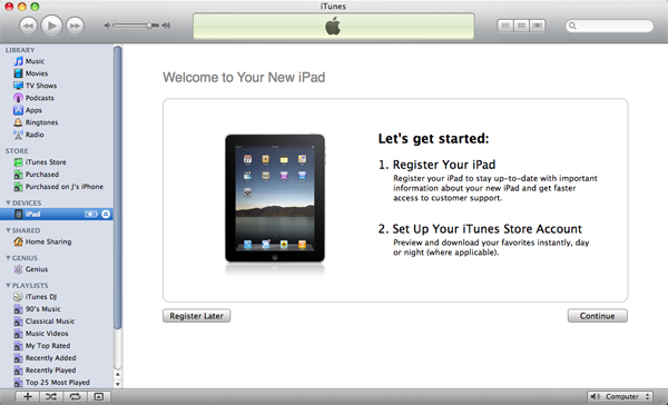 iPadMacBookiTunes 9.1ɐڑ̉ʁB܂iPado^ăANeBx[VƂ납n܂