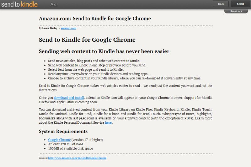 Send to Kindle for Google ChromȅЉy[WSend to KindleŃvr[ƂB}ŗvfȂǂJbĝ