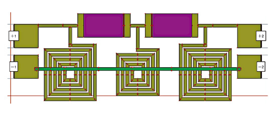 図7　指定された隣接素子間の距離と給電線路の長さから、レイアウト合成は自動的にすべての素子を組み立てる。必要な拡張や、接続、パッドを加えて、フィルタのレイアウトを完成する。