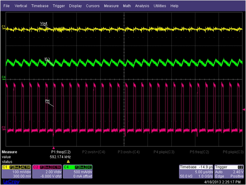 1.2VdóiVIN2ĵ߂VINƂ5VĝŁApXEXLbsOh܂BCH1iFj=VoutACH2iԐFj=PhaseNodeACH4i΁j=Inductor-current/F600kHz,VIN=40V,VIN2=5V,Vout=1.2V,Iout=500mA iNbNŊgj