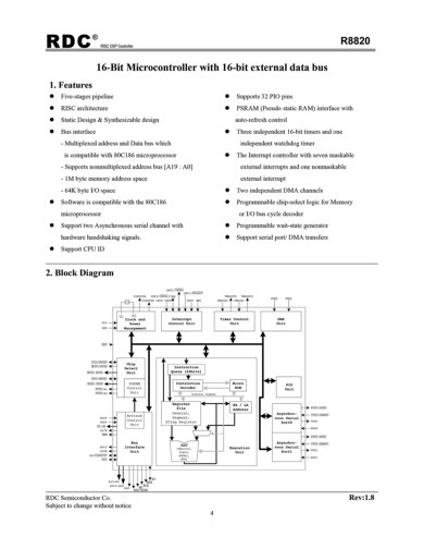 Photo11:R8820のブロック図。5段のパイプラインを持つRISCコアだが命令セットは80C186互換。最大40MHz駆動。