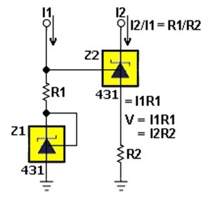 <strong>�}1�FR1/R2�̒�R�䂪�AI2/I1�̓d��������߂�</strong>