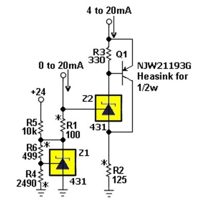 <strong>�}3�F��R6�{�ƃg�����W�X�^1���A2��TL431�ɒǉ�����΁A����0�^20mA��4�^20mA�d�����[�v�R���o�[�^�[������BZ2�́AZ1���^����500mV�̃I�t�Z�b�g�ƁA�d���Z���T�[R1�����0�`2V�����Z���A���ɂ����R2�ŃX�P�[�����O���āA4�`20mA���o�͂���B�����Q1�ɂ��u�[�X�g�ɂ���āA�ő�36V�܂ł̃��[�v�d���ɑΉ��ł���B�Ȃ��AR1�AR2�AR4�AR6�͍����x�i�ł���K�v������</strong>