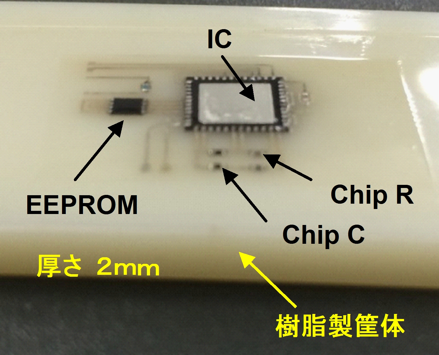 樹脂に部品埋め込み→印刷で完成する電子回路：ハンダ・接着剤不要で