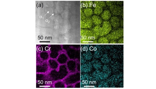 Fe-Cr-Co系合金におけるスピノーダル分解後の走査透過電子顕微鏡（STEM）像。左上は反射電子像、右上と下はFe、Cr、Coの元素マップ像