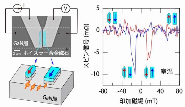 スピン注入現象を検証するために試作したGaN横型スピントロニクス素子（左）と、室温スピン伝導信号の例（右） 出所：大阪大学