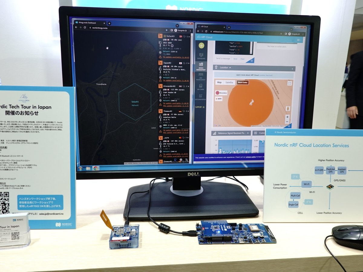 LTE-M^NB-IoT^GNSS1pbP[WɎ߂SiPiSystem in PackagejunRF9160vAWi-Fi 6ΉSoCunRF7002vAāunRF Cloudvgʒu񋟂T[rX̃fB̃foCXӂ̊nǂ邢Wi-Fi APiANZX|Cgj̏擾B̏nRF CloudɑMƁA炩߃f[^x[XĂnǁ^AP̈ʒu񂩂AfoCẌʒuoBnRF Cloud炻̈ʒu񂪑邱ƂŁAfoCXifoCX𓋍ڂ@j̈ʒuB̎dg݂g΁AGPS͂ɂꏊłʒu𗘗p邢͒񋟂ł悤ɂȂmNbNŊgn