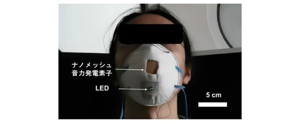 マスクと組み合わせたナノメッシュ音力発電素子の応用例