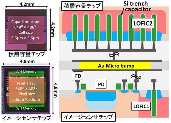�J������CMOS�C���[�W�Z���T�[�̃`�b�v�ʐ^�Ɖ�f�̒f�ʐ}�m�N���b�N�Ŋg��n �o���F���k��w